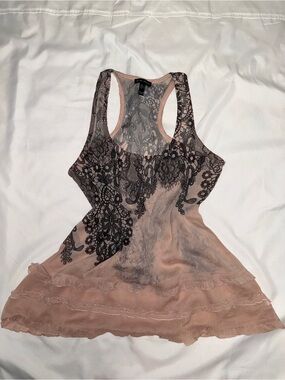 FANG Blush Pink Racerback Tank with Black Lace Print